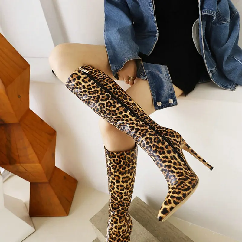 ZawsThia Sexy Super Thin High Heels Stripper Club Stilettos Booties Pointed Toe Leopard Design Women Knee High Boots Size 45 46