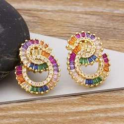 AIBEF Rainbow Cubic Zirconia Circle Stud Earrings Simple Party Round Geometric Fashion Earrings For Women Bohemian Fine Jewelry
