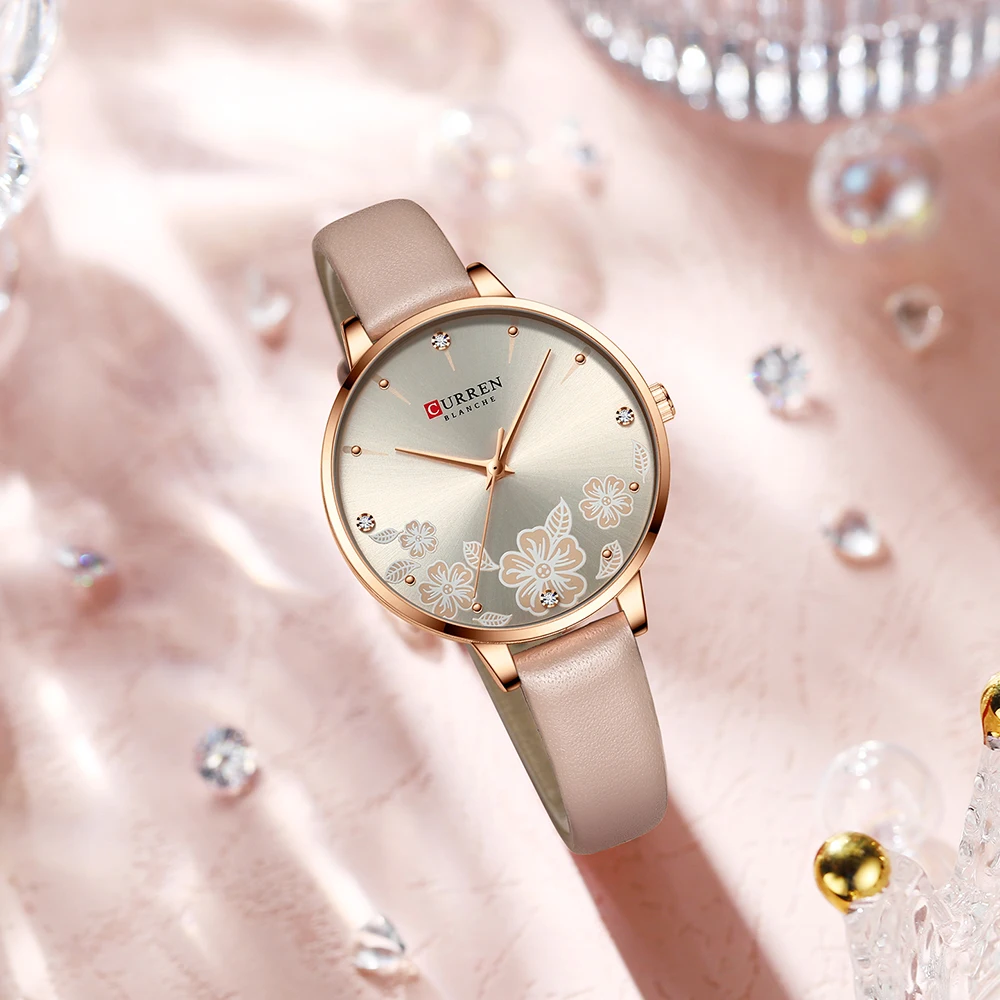 Curren relógios femininos marca de couro quartzo relógios de pulso design luxo para senhoras charme flores dial montre femme