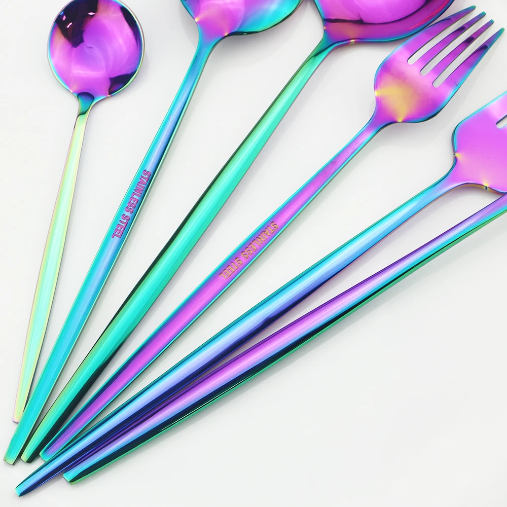 Rainbow Cutlery Set 18/10 Stainless Steel Dinnerware Set Knife Dessert Fork Dessert Spoon Dinner Set Kitchen Party Tableware Set