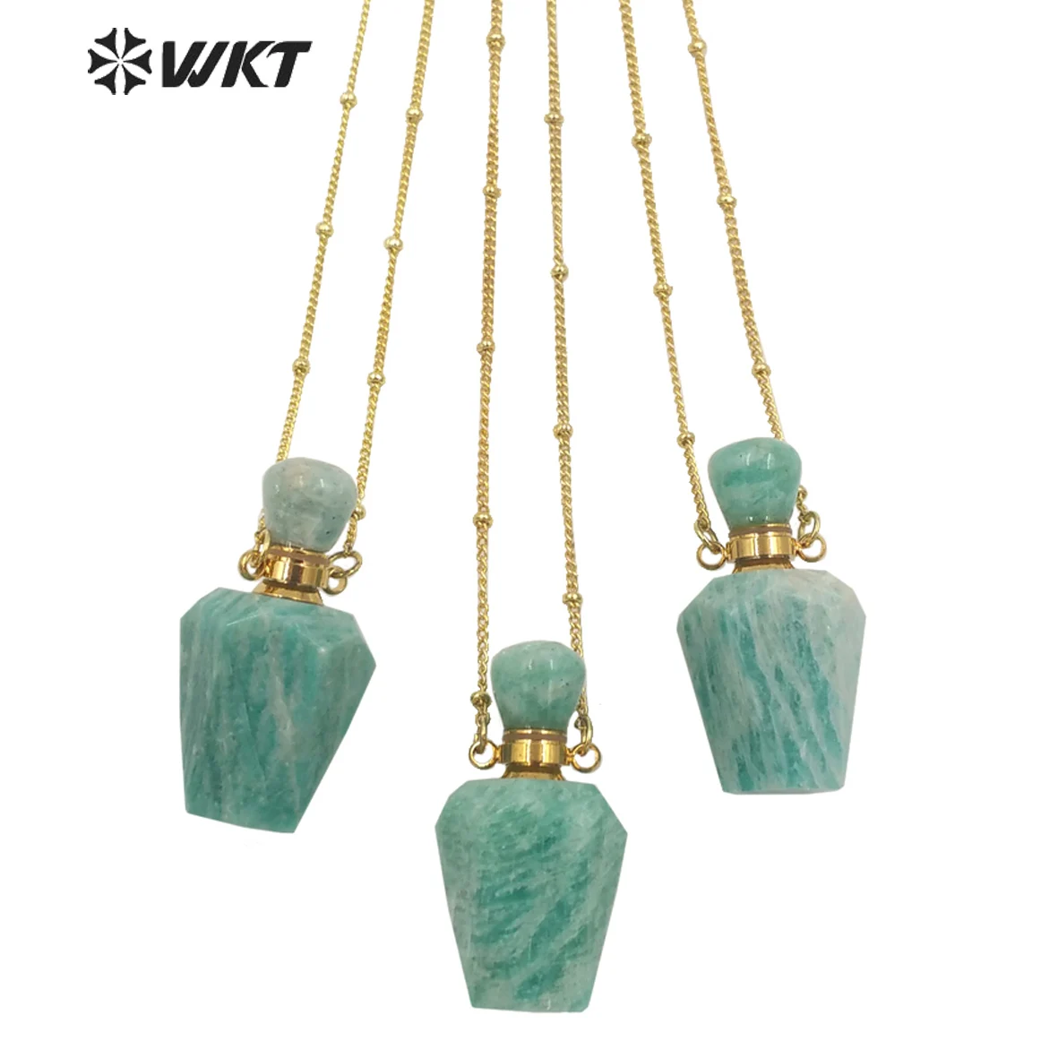 

WT-N1332 WKT Natural Stone Amazonit Perfume Bottle Necklace Golden Chain Green Stone Pendant Jewelry Anniversary Gift For Lady