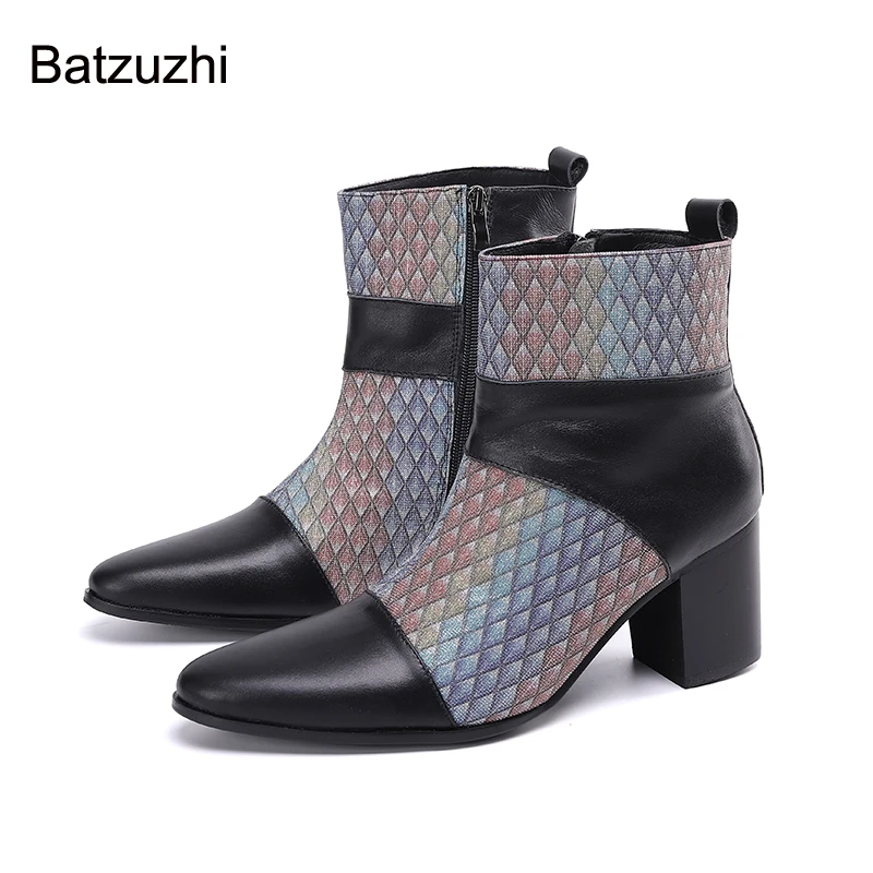 

Batzuzhi 7.5cm High Heels British Style Men Shoes Pointed Toe Split Color Genuine Leather Boots Men for Knight/Party and Wedding