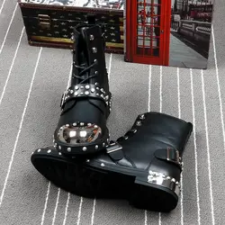 Punk Style Leather Boots Men's Short Metal Motorcycle Boots With high quality studded fashion gentleman's shoes