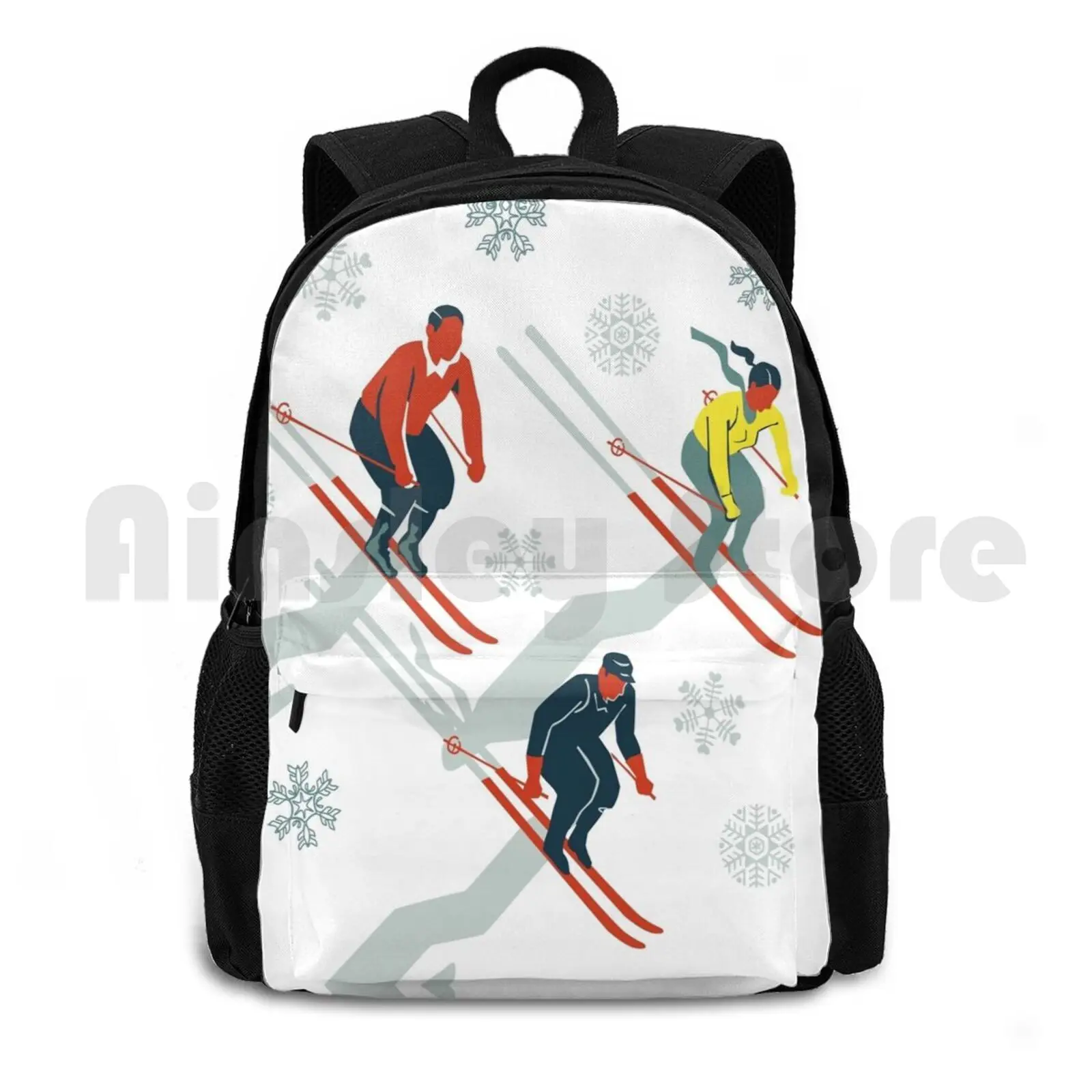 Mid Century Retro Ski Trails In Red , Teal And Yellow Outdoor Hiking Backpack Riding Climbing Sports Bag Ski Skiing Skis Skiers