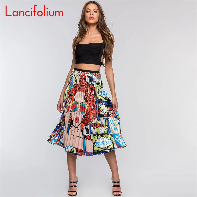 Graphic Print Pleated Skirt Women 2020 Summer Plus Size Sexy Skirt Boho High Waist Midi Skirt Streetwear Cute Faldas Mujer
