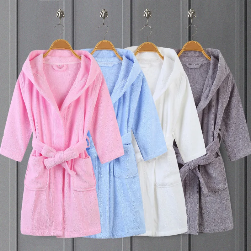 Bathrobe Kids Baby Solid Bathrobe 100% Cotton Plush Hooded Bath Robe Towel Pajamas Baby Bathrobe Infant Boys Girls Nightgown