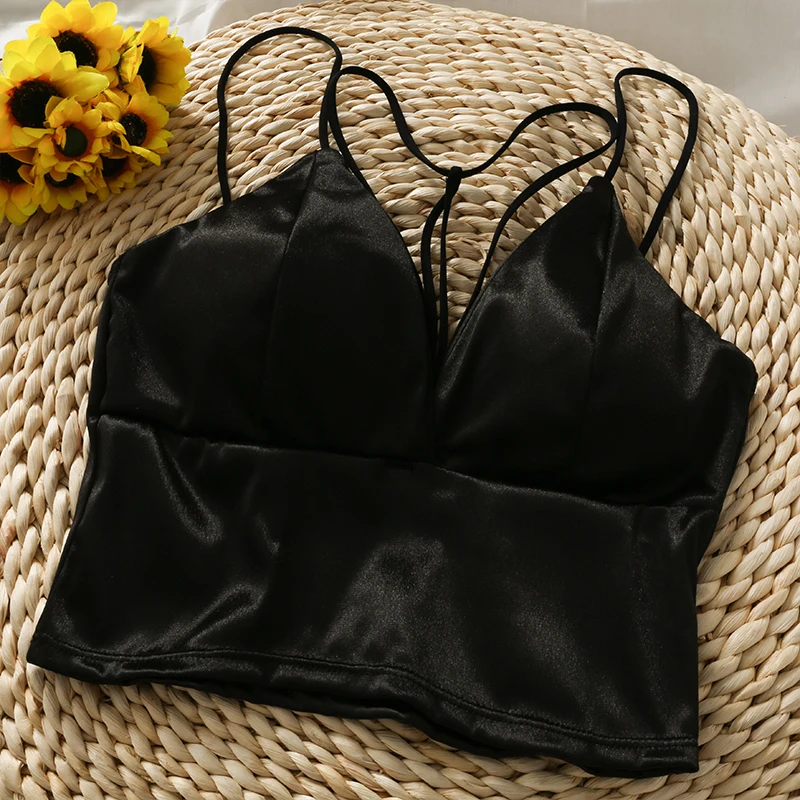 Pearl Diary Women Satin Crop Tops V Neck Spaghetti Strap Tops Summer Elegant Woven Cross Back Sexy Wireless Bra Tops For Women