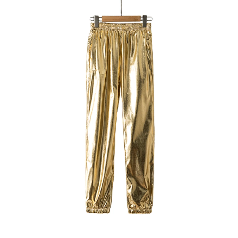 Pantalones de chándal dorados metalizados brillantes para hombres, ropa de calle, pantalones de Hip Hop, traje de cantante de escenario de club