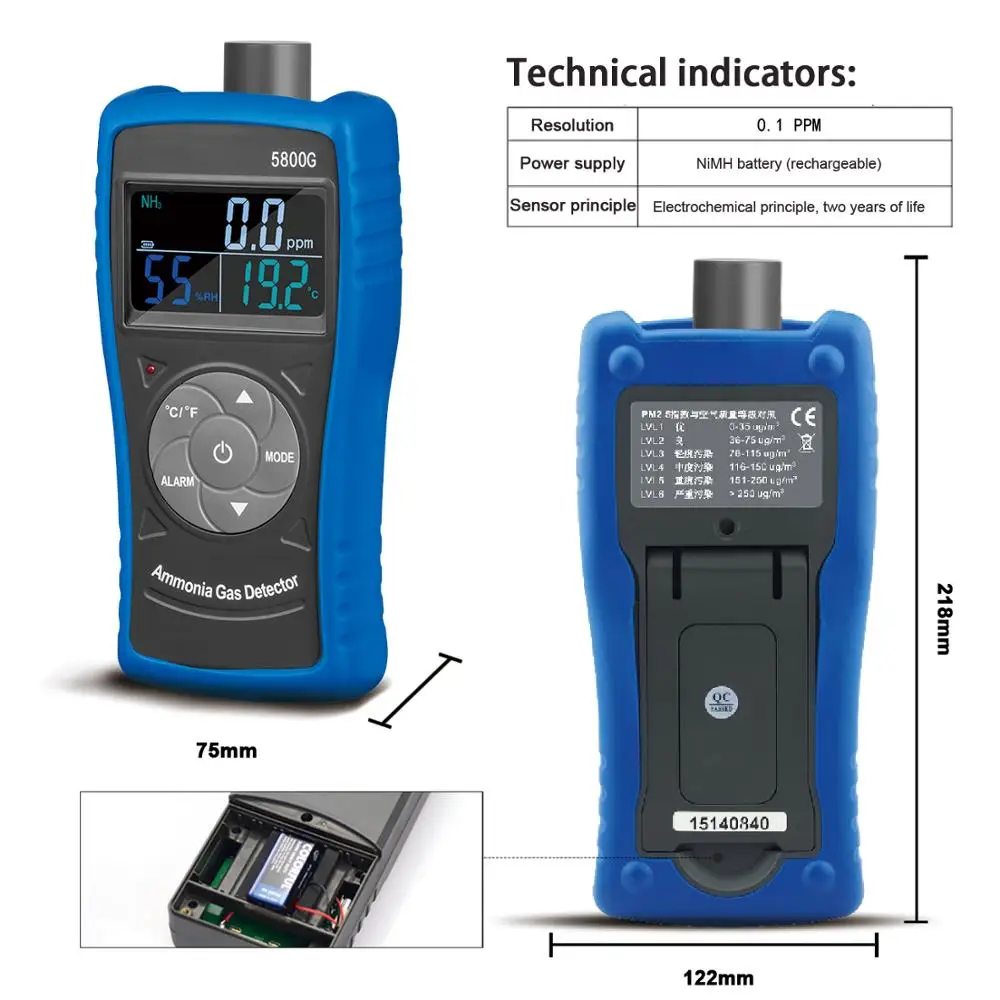 Imagem -02 - Detector de ar Amoníaco para Indústria Monitor 5800g Nível de Gás Nh3 com Alerta Medidor de Partículas Bateria de Recarga Usb 0100ppm
