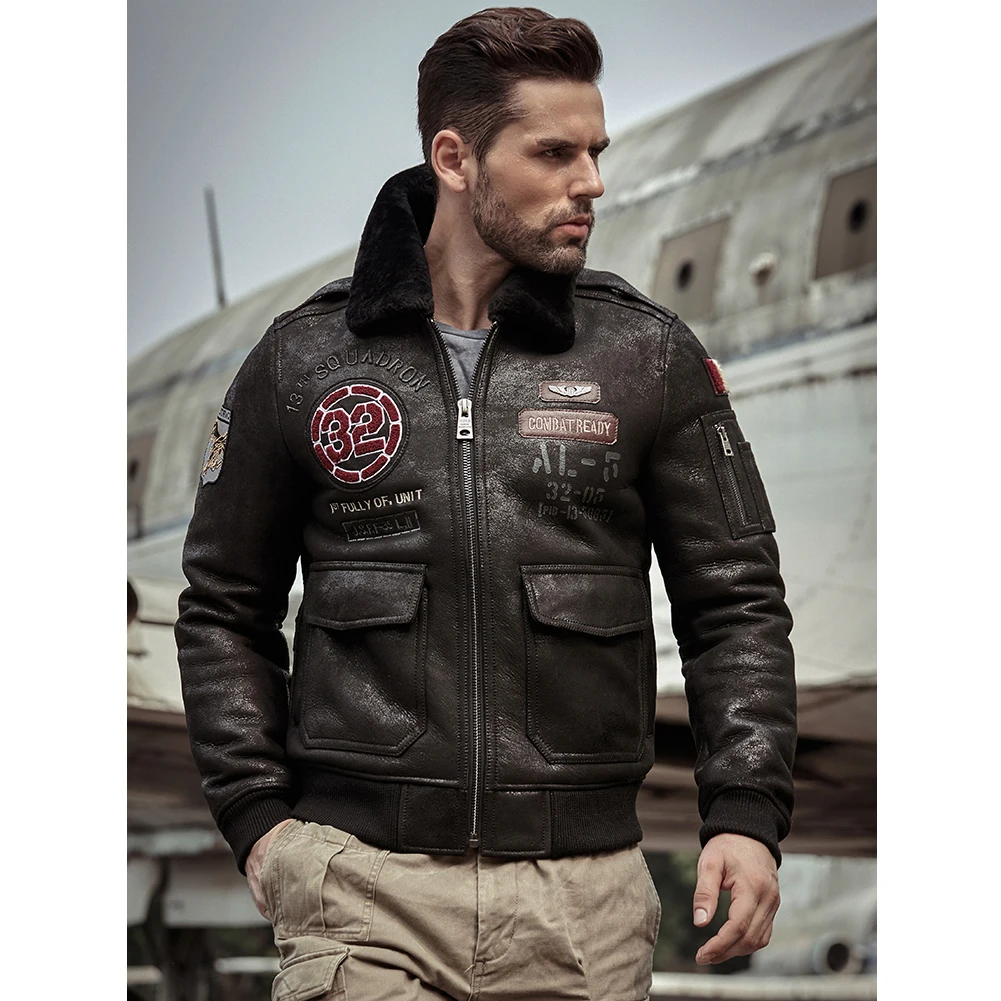 Denny&Dora Men's Black Shearling Leather Jacket Fur Lined Airforce Flight Coat Embroidered Design