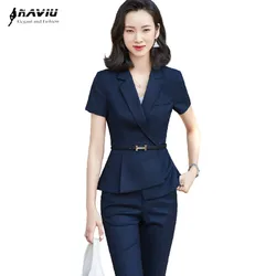 High End Short Sleeve Suits Women Summer Navy Blue Business Formal Slim Blazer And Pants Office Ladies Work Wear