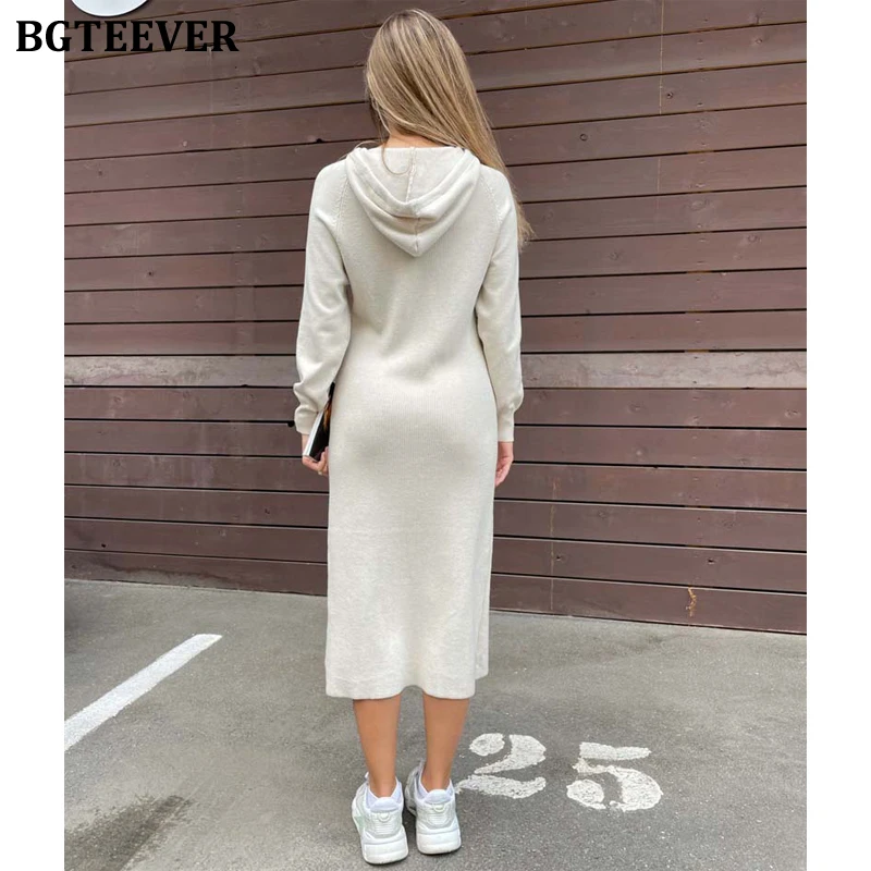 BGTEEVER Autumn Winter Women Dress 2021 Hooded Knitted Midi Dresses for Women Long Sleeve Loose Female Sweater Vestidos 2021