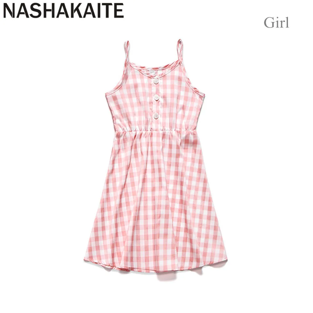 NASHAKAITE Mother daughter Dresses Fashion Pink Plaid Button Sweet Sling Dress For Mommy and me Baby Family matching clothes