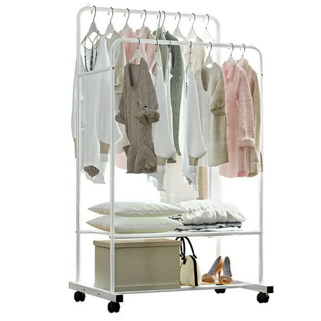 Grande Duplo Rail Clothes Rack, Shoes Storage Shelf, Rolling Stand, Branco, 1.5m