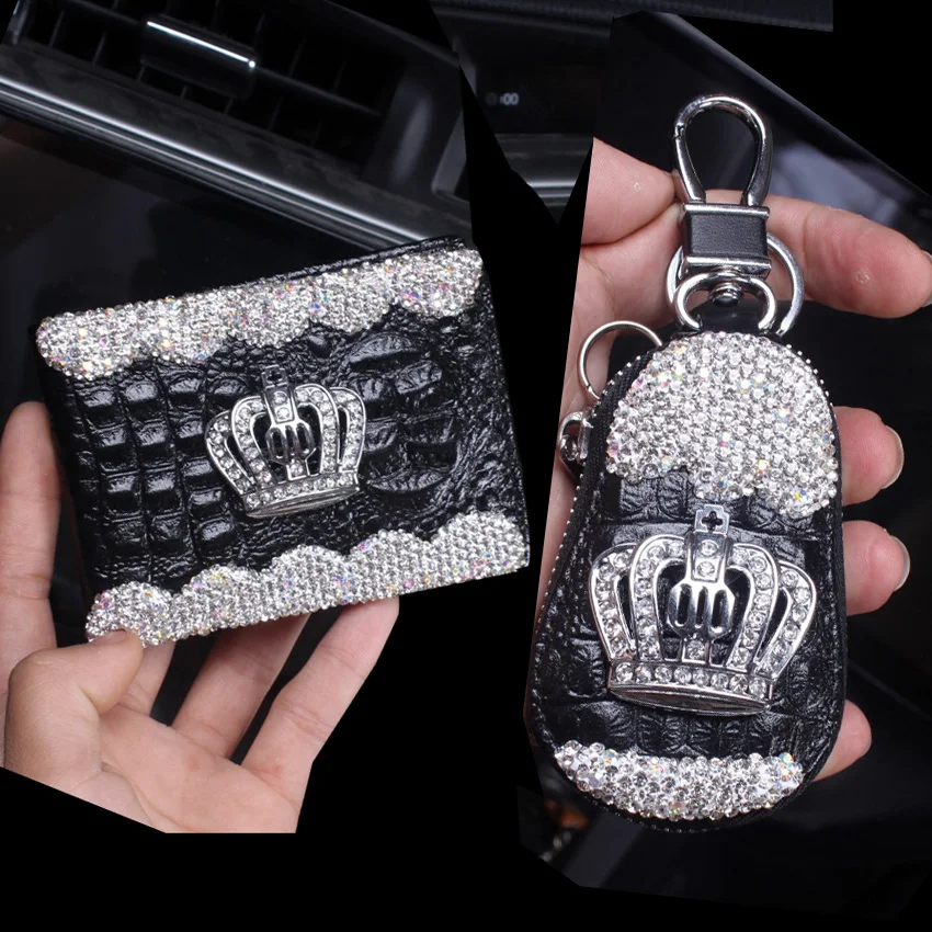 Uniwersalny skórzany obudowa kluczyka do samochodu kryształ Rhinestone korona prawo jazdy osłona z uchwytem torba na klucze samochodowe portfele akcesoria do breloków