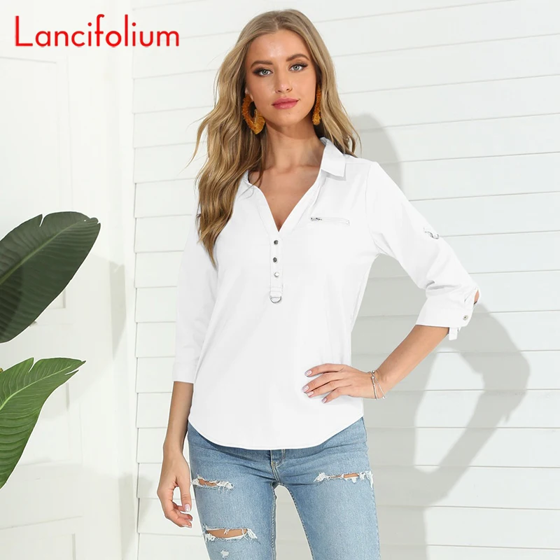 V Neck Tunic Chemise Femme Women Button Half Sleeve Office Blouse Ladies 2020 Spring Summer Shirt Vintage Top Blue White Blouse