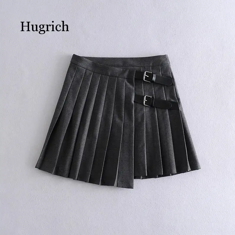 

Women Sweet Buckle Decoration Solid Pleated Mini Skirt Faldas Mujer England Style Female Casual Slim Chic Vestido 2021