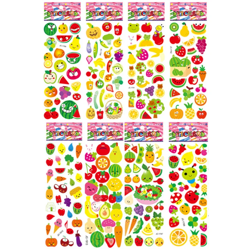 8 Sheets/Set Children Cartoon Sticker Fruit and Vegetable DIY Scrapbook Stickers for Kids Kindergarten Boy Girl Cognitive Toys