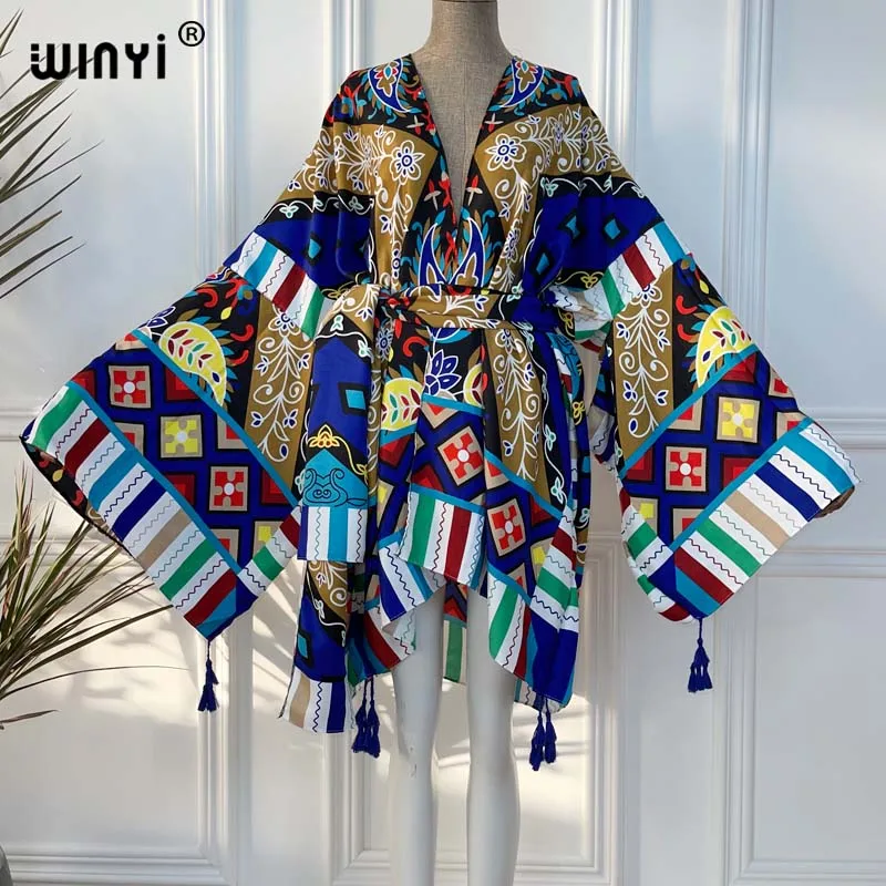 WINYI 2021 Africa Summer Women Cardigan stitch robe Cocktail sexcy Boho Maxi African Holiday Batwing Sleeve Silk Robe