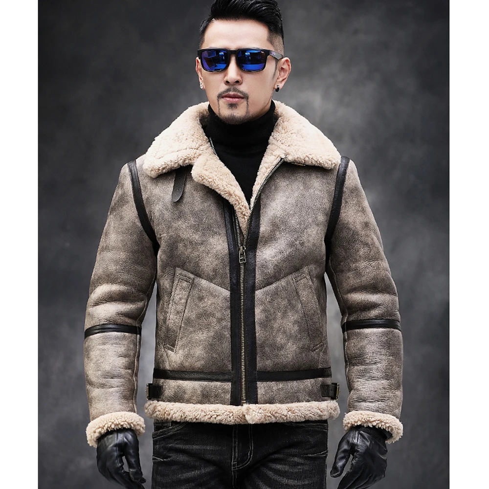 Real Sheepskin Fur Flying Coat Genuine Sheep Shearling Jacket Male Winter Flight Jacket Brown Men Fur Overcoat Extra Big Size