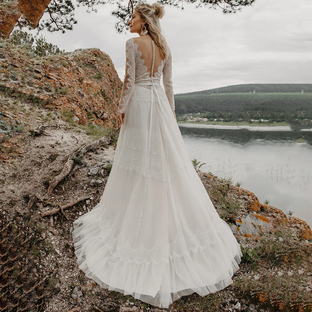 Echt Fotos Sehen Durch Tiered Spitze Boho Strand Brautkleid Schärpe Transparent Zurück Langen Ärmeln Tüll V-ausschnitt Nude Hochzeit Kleid