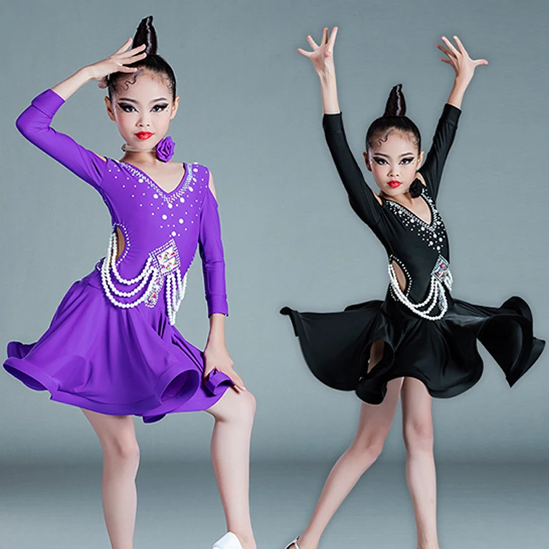 Latin Dance Dress Girls Rhinestone Competition Dance Costume Pearl Chain Cha Cha Samba Performance Clothing Black Dress BL6909