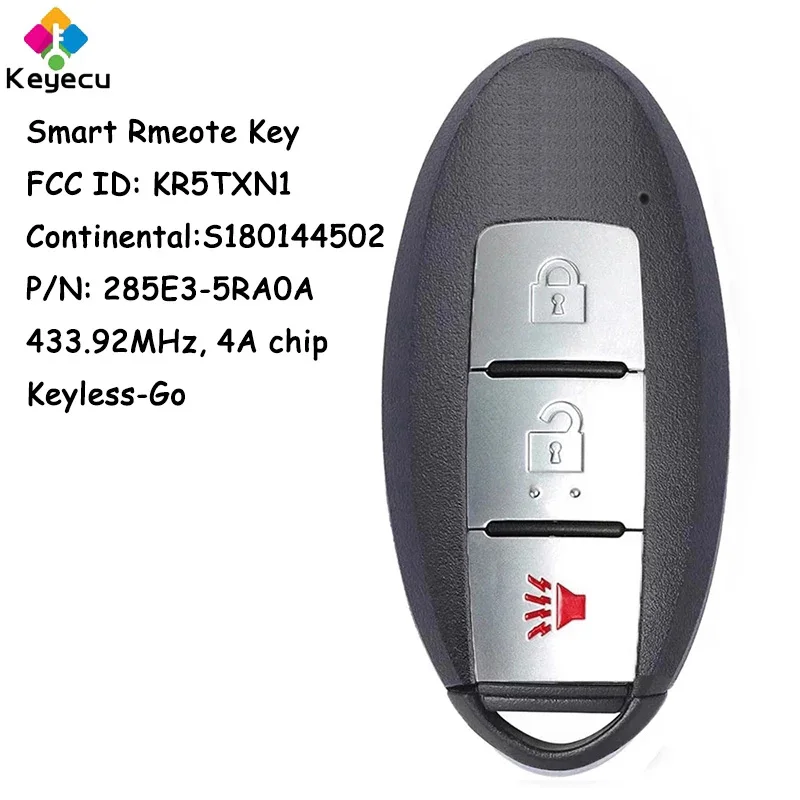 KEYECU Keyless Go Smart Remote Car Key With 3 Buttons 433.92MHz 4A Chip for Nissan Kicks 2018 2019 2020 Fob S180144502, KR5TXN1