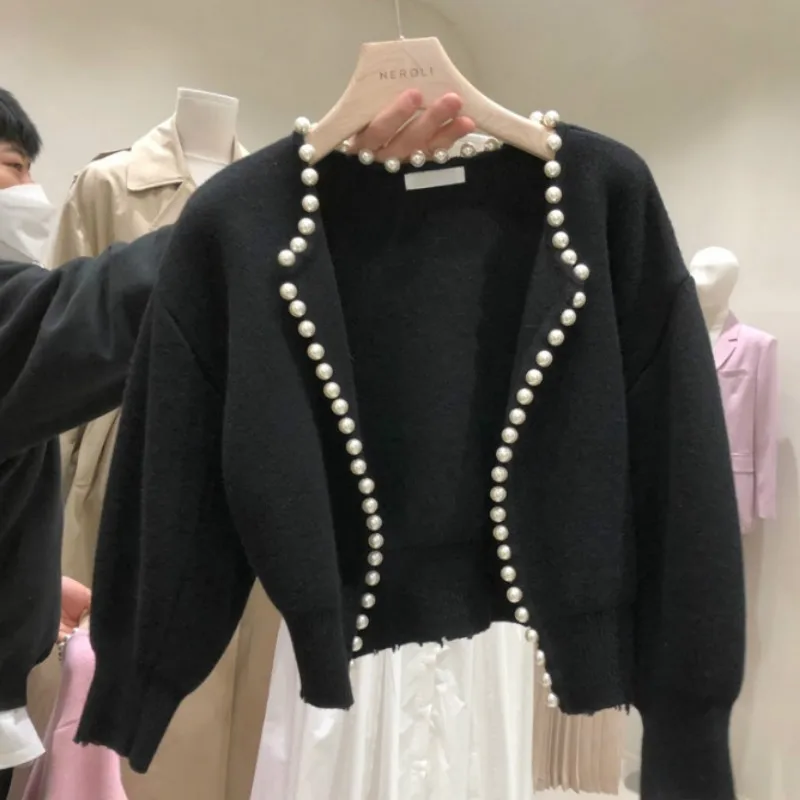 Women Elegant Pearls Trimmed Knit Cardigan Sweater Coat OL Pullovers Beading Jacket OL Crop Tops Sueter Mujer Autumn Winter 2020