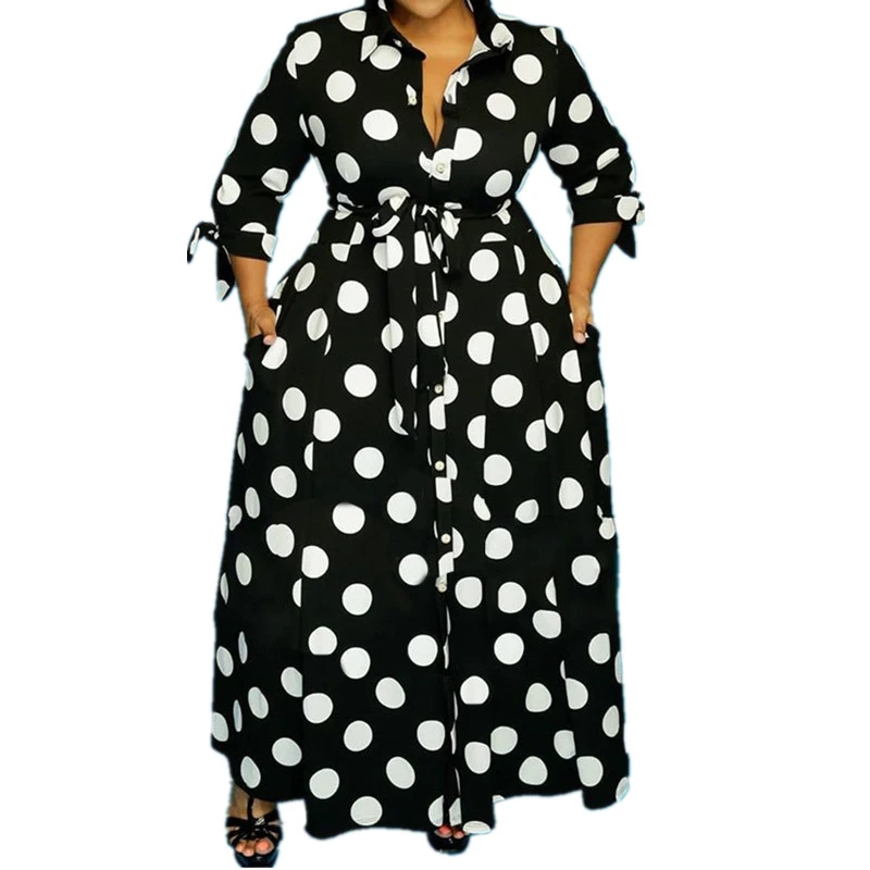 ผู้หญิงPlusขนาดXL-5XL Elegant Maxi Polka Dotพิมพ์Office Ladyชุดปุ่มFly Vestidosขายส่งDropshpping