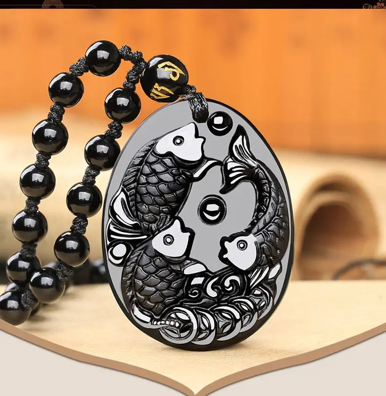 Admirable Mexico obsidian black Gem 3 cyprinoid Pendant Amulet Mala bead Necklace Lucky hanging