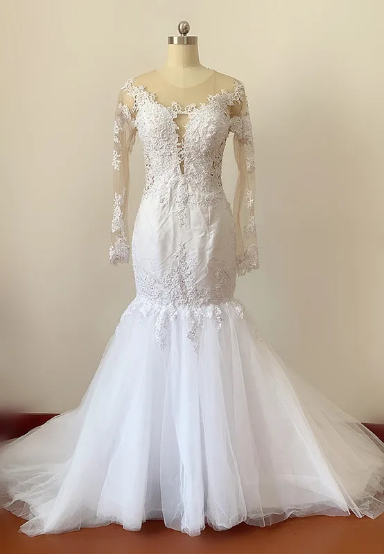 Vestido De Novia De alta calidad con encaje De sirena, prenda Sexy con ilusión, cuello De Joya, apliques De encaje, Vestido De Novia