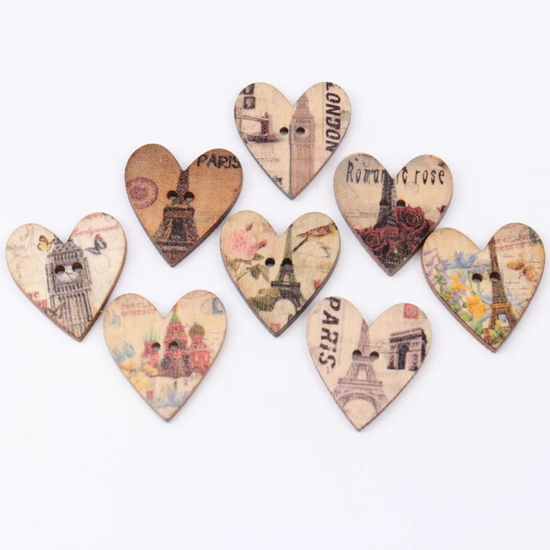 Wooden Love Heart Shape Tower Pattern Buttons 2 Holes Handmade Sewing Clothing Scrapbooking Crafts DIY 25x28mm 20pcs