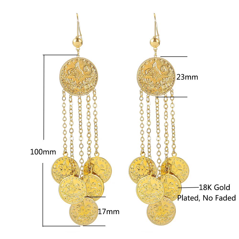 Muslim Gold Color Drop Earring for Women Girls Nigeria Islam Turkish Jewelry Gift with Pieces Tassel Coin Pendant Allah Earrings