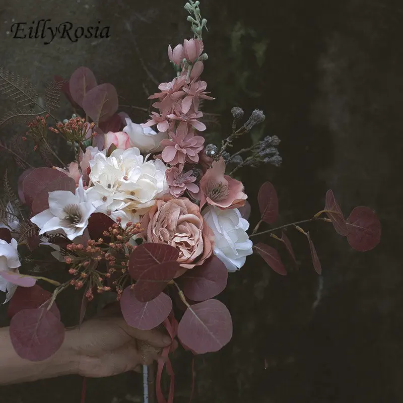 Eillyrosia buquê de flores de casamento retrô, café, vermelho, branco, poeira, suporte, flores, imitação de buquê de noiva, adereços de fotografia