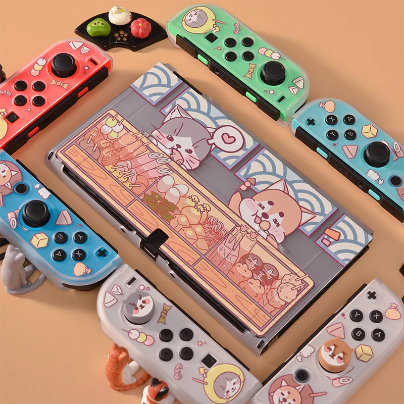 Leuke Kat Hond Cartoon Schakelaar Oled Shell Matte Tpu Pc Cover Joycon Controller Beschermhoes Voor Nintendo Switch Oled Accessoires