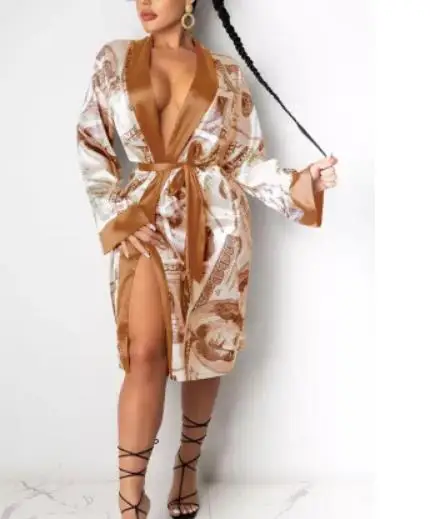 Women\'s Satin Robe Trendy Dollar Print Long Sleeve Silky Kimono Bathrobe Sleepwear with Belt