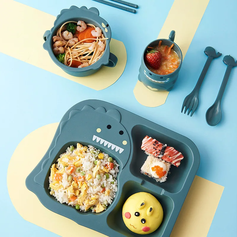 6pcs/lot Baby Dinosaur Tableware Set Food-grade Silicone Anti-slip Compartment Tableware Fall-proof Baby Food Supplement Bowl