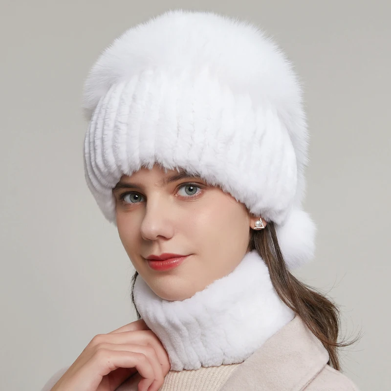 Winter Women\'s Rabbit Fur Hat Natural Fluffy Fox Cap Fashion Warm Knitted Authentic Russian Hot-Selling Style Female Cap 20HY-12