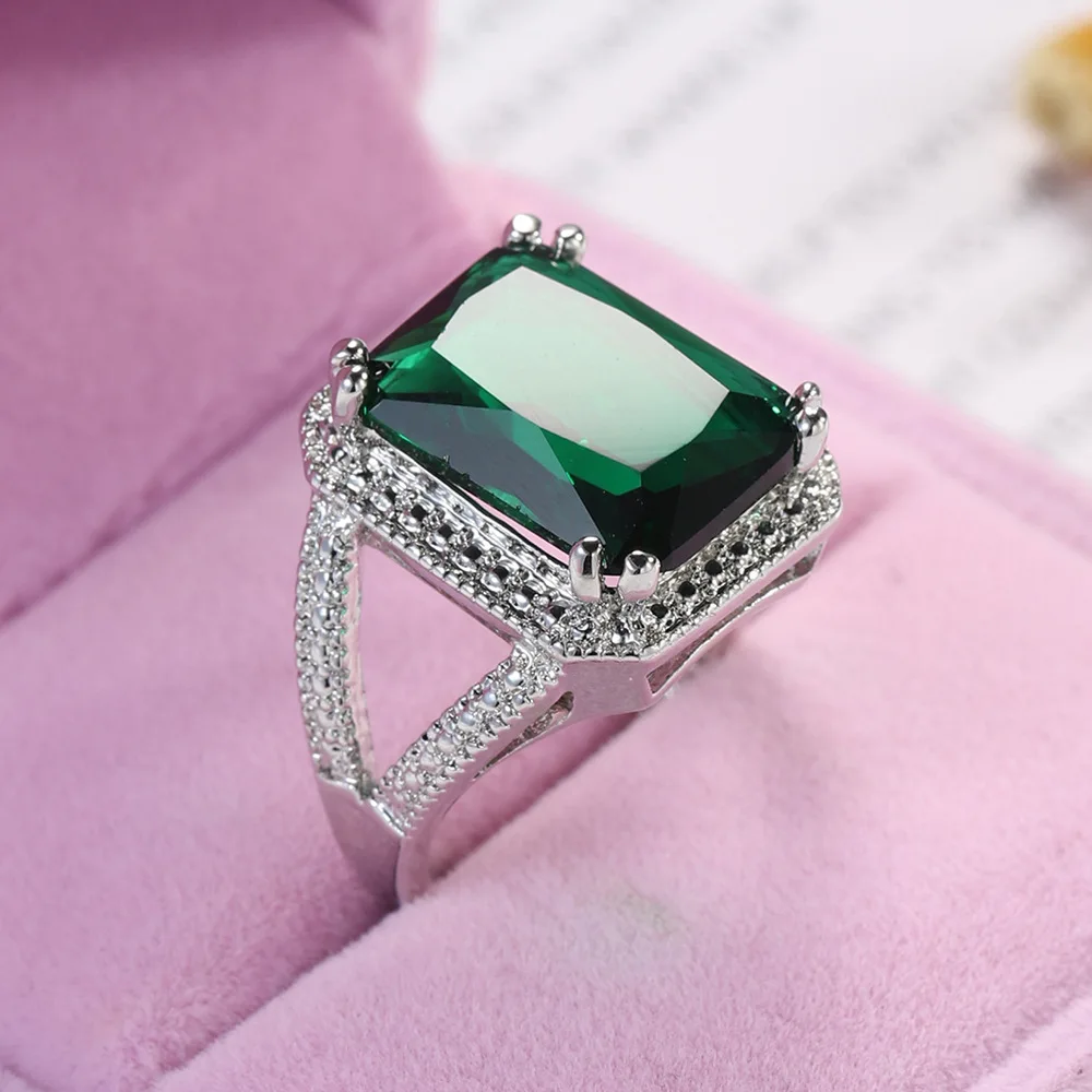 Delikatny zielony kwadrat cyrkon kobiety obrączki hollown-out kolor srebrny błyszczące pierścionki prezent na rocznicę Trendy biżuteria Anillos — zdjęcie 5