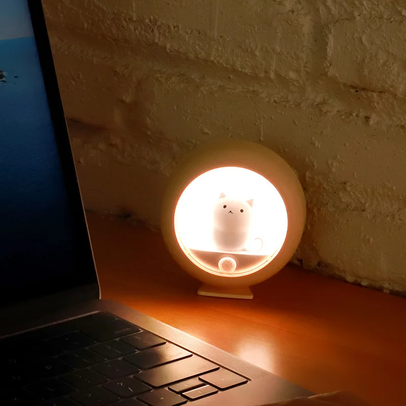 Cute Cat Night Light Human Auto Induction LED Lamp for Baby Kids Rooms Bedside Corridor Rechargeable USB Table Lamp Holiday Gift