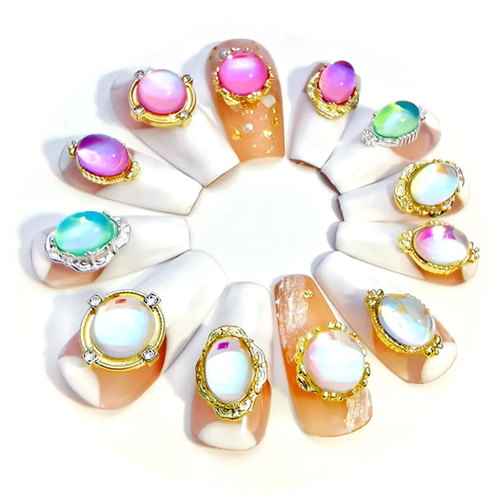 

10Pcs/lot Nail Art Gems Stone 3D Crystal Aurora Alloy Pearl Round Oval AB Nail Charms Decoration Glass Rhinestones Accessories