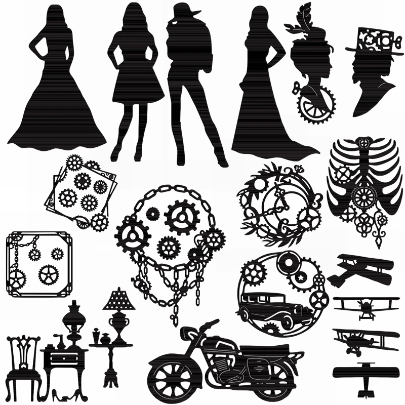 

Metal Cutting Dies Stencil Charming Woman Lady Gentleman Face Wheel Chain Round Airplane Car Motorcycle Desk Chair DIY Craft