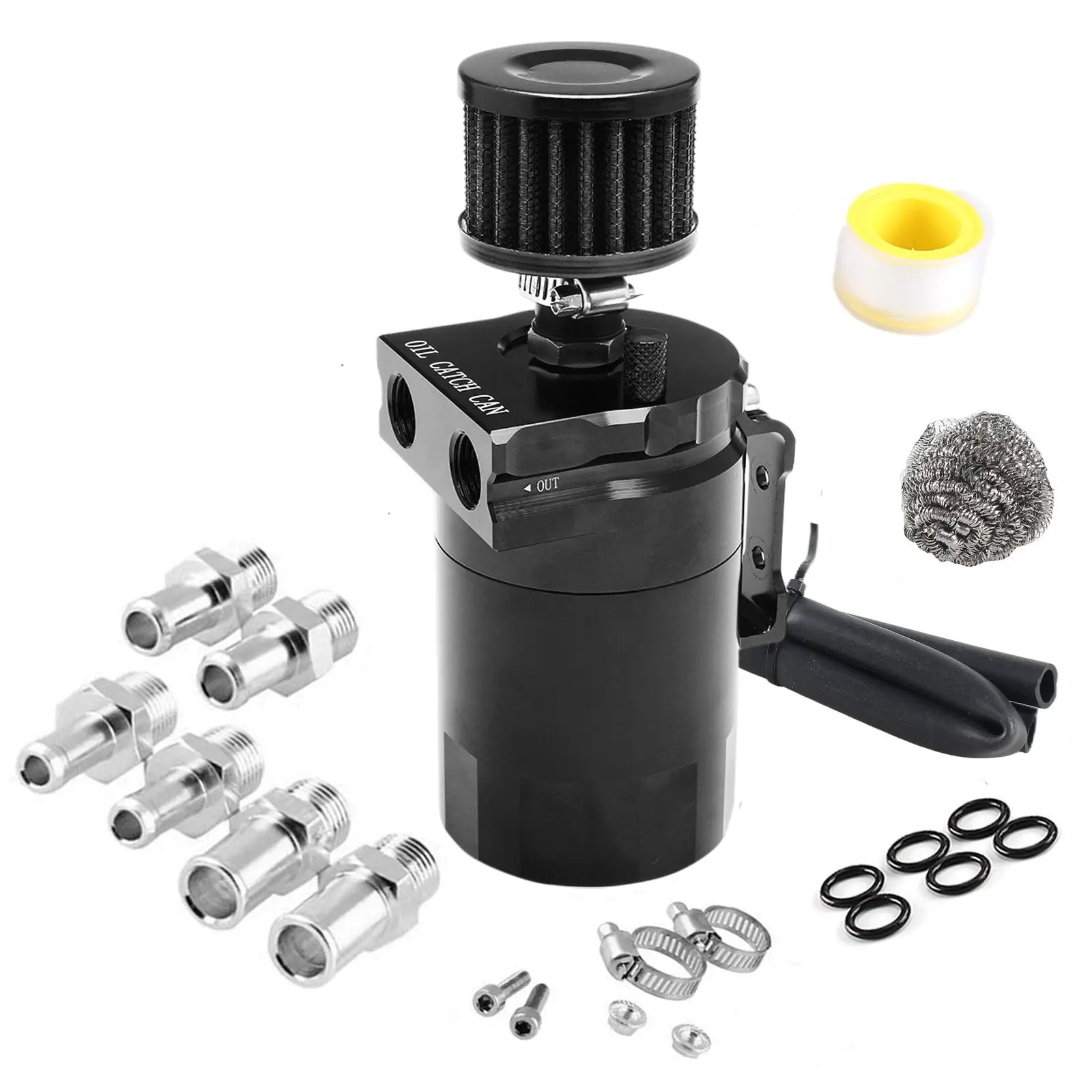 Auto Baffled Oil Catch Can Reservoir Tank met luchtfilter Ontluchter Baffled Aluminium fittingen Oliepeilstokgat Ademende waterkoker
