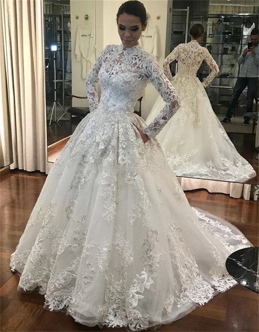 2021 New Ball Gown Appliques Lace Wedding Dress Long sleeve High Neck Embroidery Covered Buttons robe de mariee vestido de novia