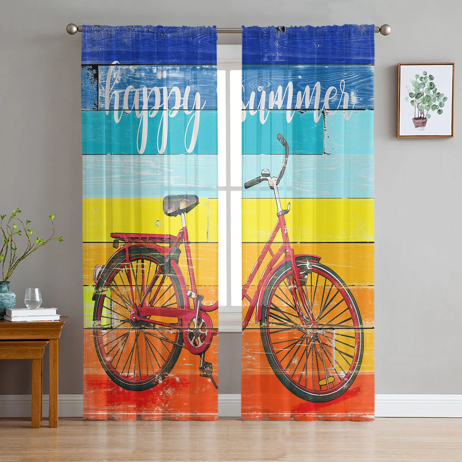 Rainbow Wood Grain Bicycle Retro Tulle Curtain Voile Transparent Tulle for Bedroom Living Room Kitchen Sheer Window Curtains