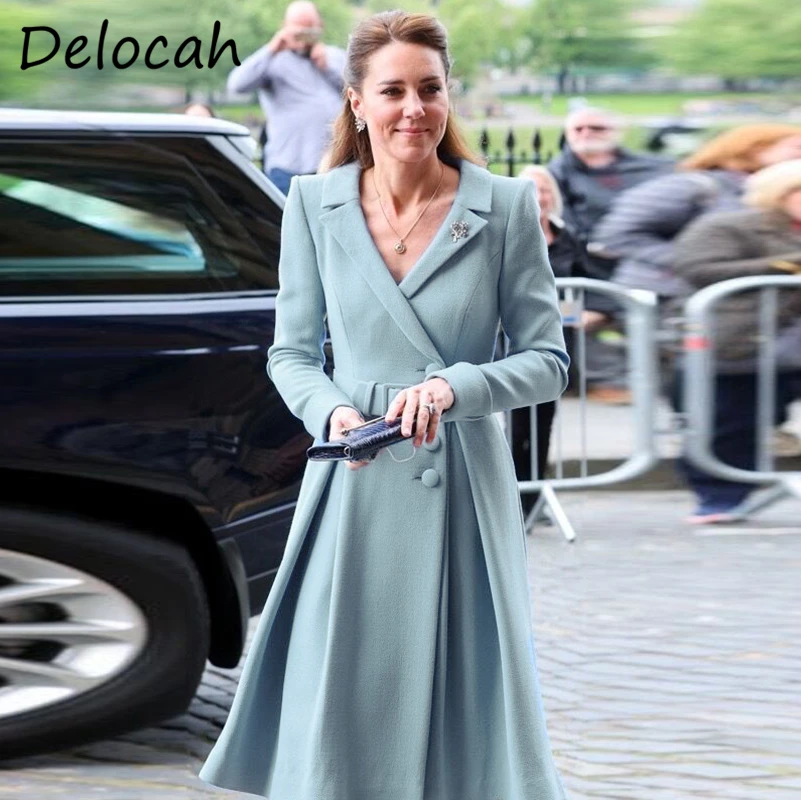 

Delocah Autumn Women Fashion Runway Blends Coat Kate Middleton Long Sleeve Sashes Single Breasted Blue Print Warm Coats Overcoat