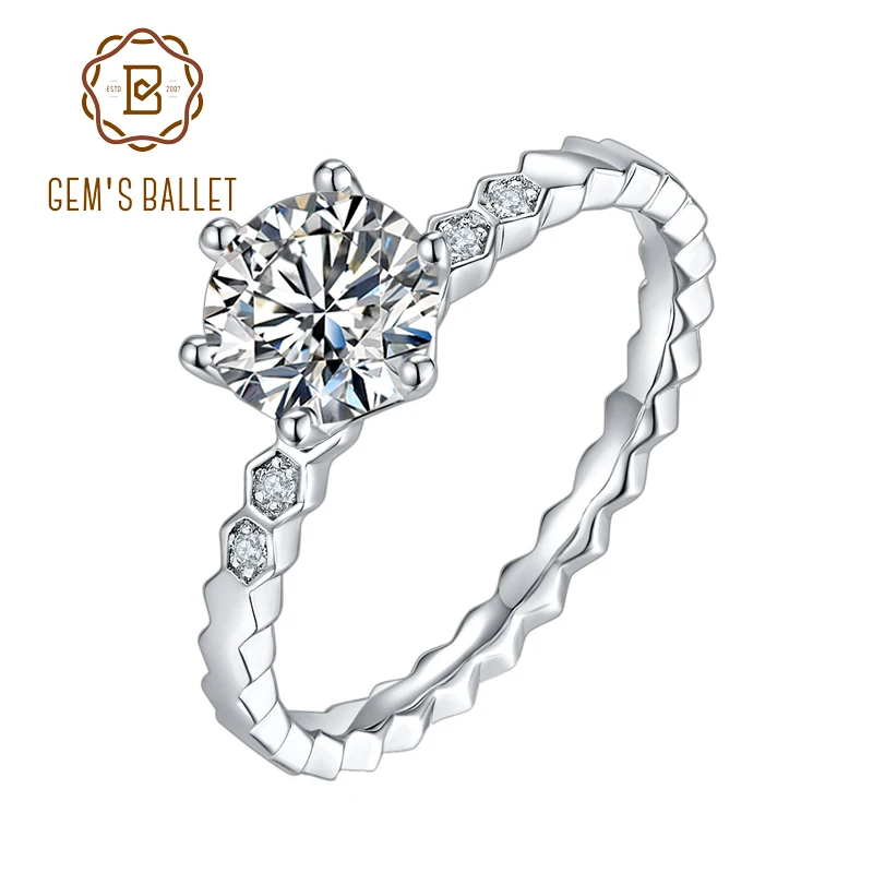 

GEM'S BALLET 925 Sterling Silver 6 prong Moissanite Ring Fine Jewelry 0.5ct 1ct D Color VVS1 Moissanite Diamond Ring For Women