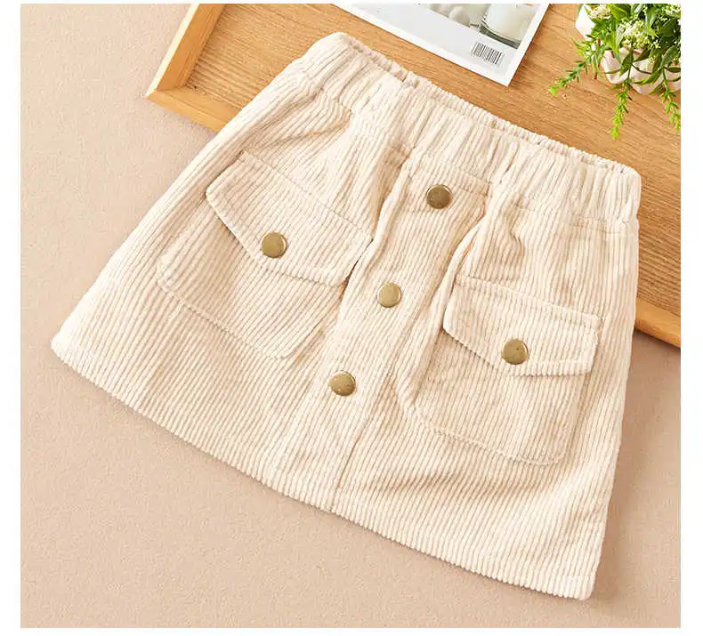 Fashion Kids Skirt School Girls Corduroy Skirt Button Design Pockets Korean Kids Clothes Teenager Children\'s Clothes Girl Skirts