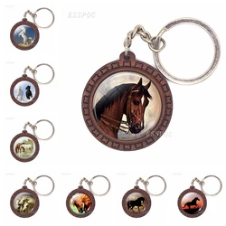 Horse Wooden Keychain Horse Picture Glass Cabochon Keychain Wooden Jewelry Aanimal Key Pendant Christmas Gifts Dropshipping