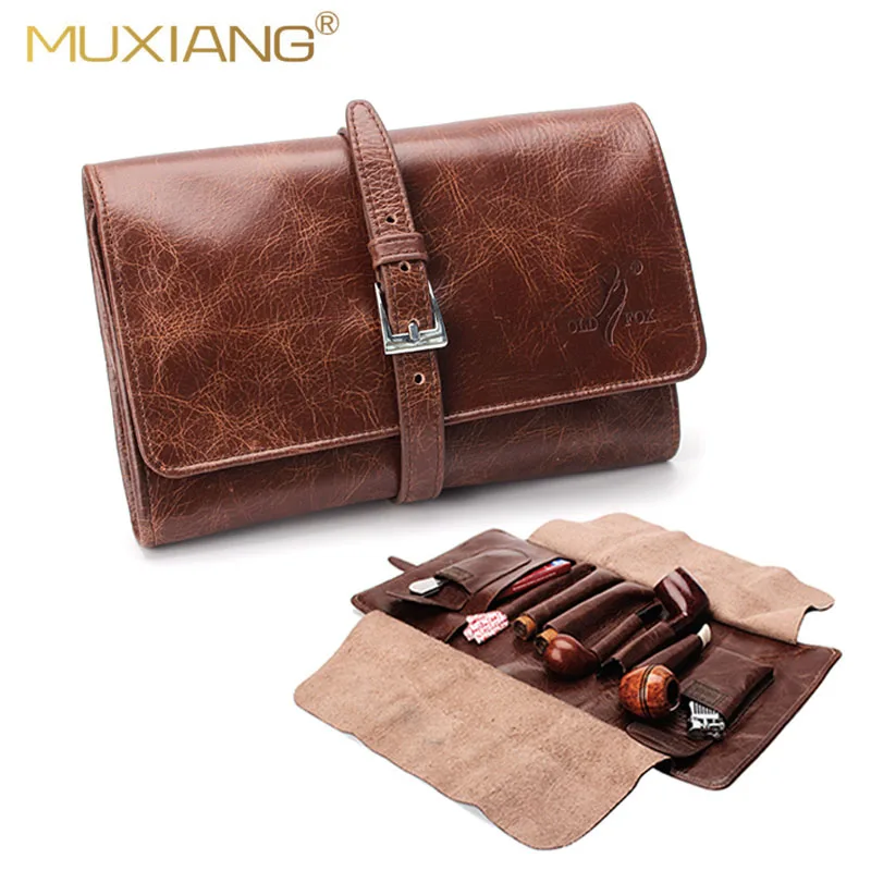 OLDFOX Leather Smoking Tobacco Pipe Pouch Bag Organize Case Pipe Accessories Tool Holder Pocket for 2 Pipe & 2 Cigar fc0008